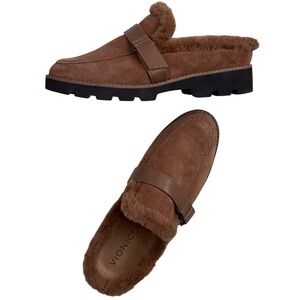 VIONIC Kailen Women’s Suede Mule Loafer Tan Suede Soft Sherpa Fur-Lined 6